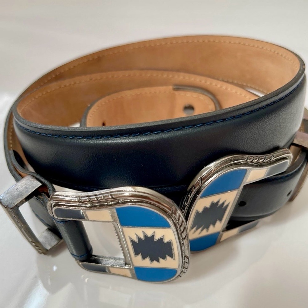 Elegant Blue and Tan Leather Belt with Silver Accents